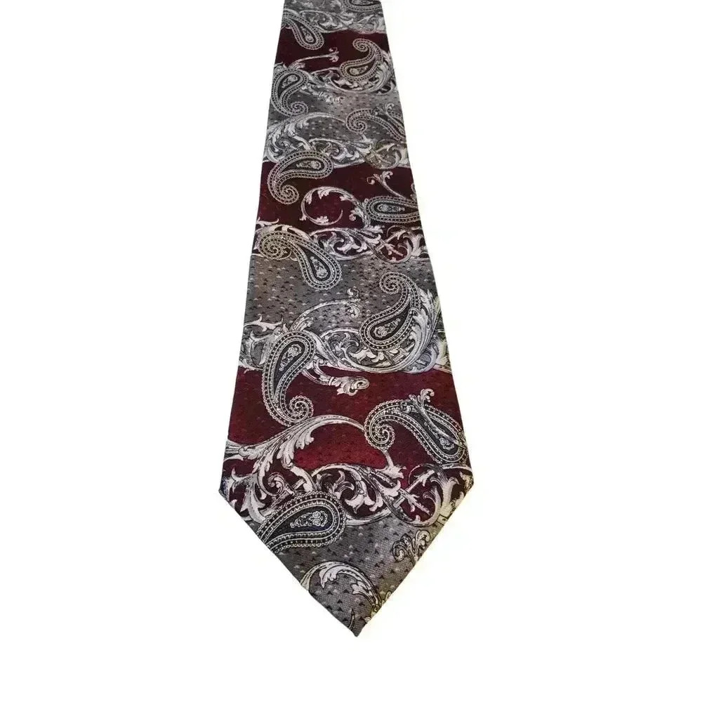 Stafford Gray Burgundy Paisley Woven 100% Silk Tie Made USA Church Wedding Work